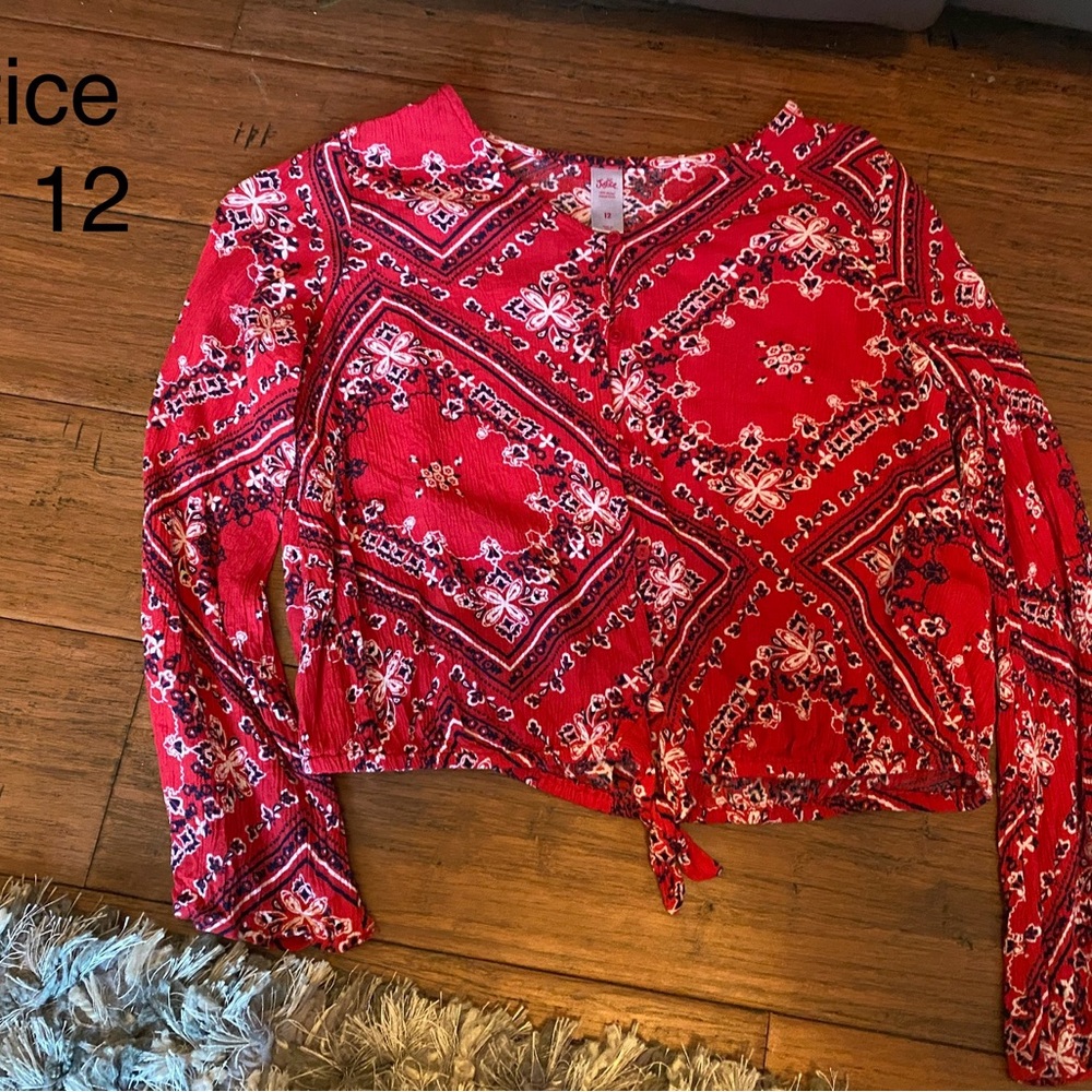 Red Patterned Girls Top with tie 
Festival Ready